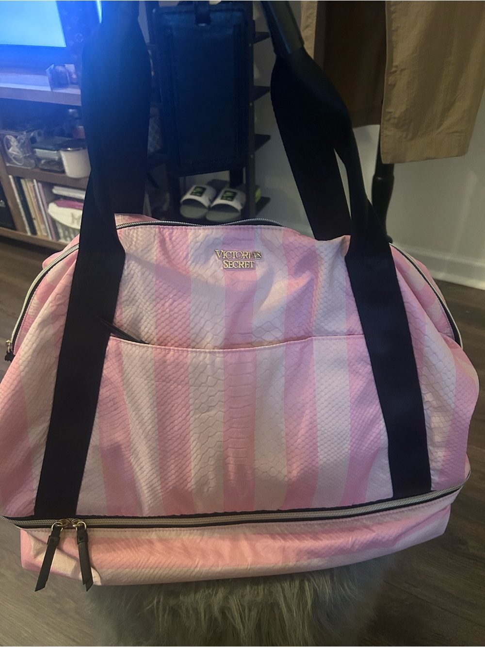 Victoria's Secret Pink Striped Travel Duffle with Black Handles